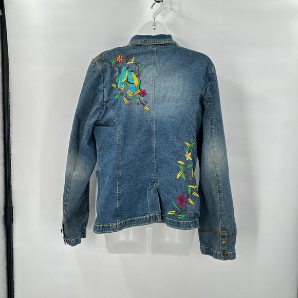 Boston Proper Womens Denim‎ Jacket Small Blazer Embroidered Birds Flowers Boho - Picture 5 of 14